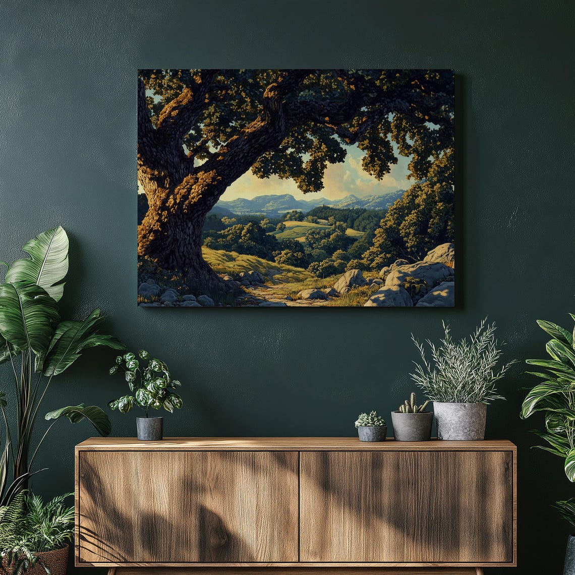 Ancient Oak Tree Golden Valley Landscape Painting Warm Light Poster