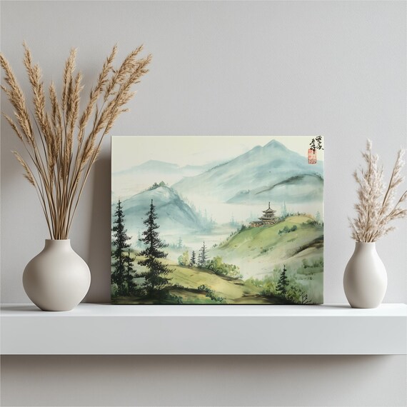 Misty Mountain Pagoda Canvas Wall Art Watercolor Temple Scene Ink And Wash Painting Asian Landscape Serene Nature Decor Zen Print
