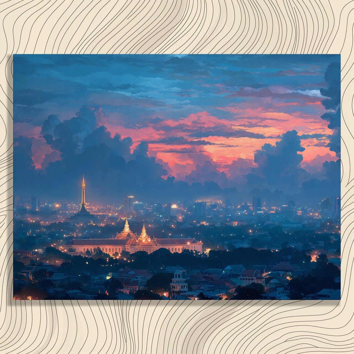 Dramatic Sunset Cityscape Canvas Wall Art Luminous Urban Skyline Print City Lights Painting Modern Architectural Decor Colorful Gift