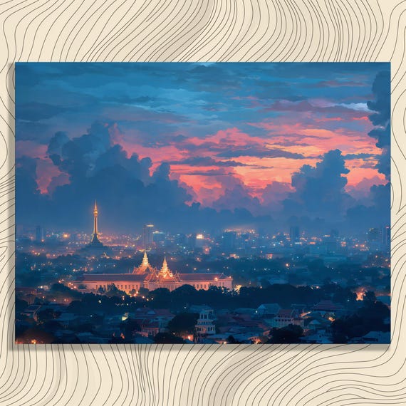 Dramatic Sunset Cityscape Canvas Wall Art Luminous Urban Skyline Print City Lights Painting Modern Architectural Decor Colorful Gift