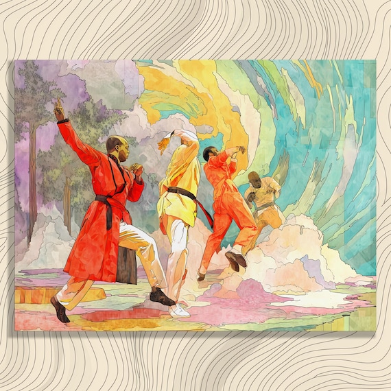 Dynamic Martial Artists Kung Fu Action Watercolor Painting Wall Art