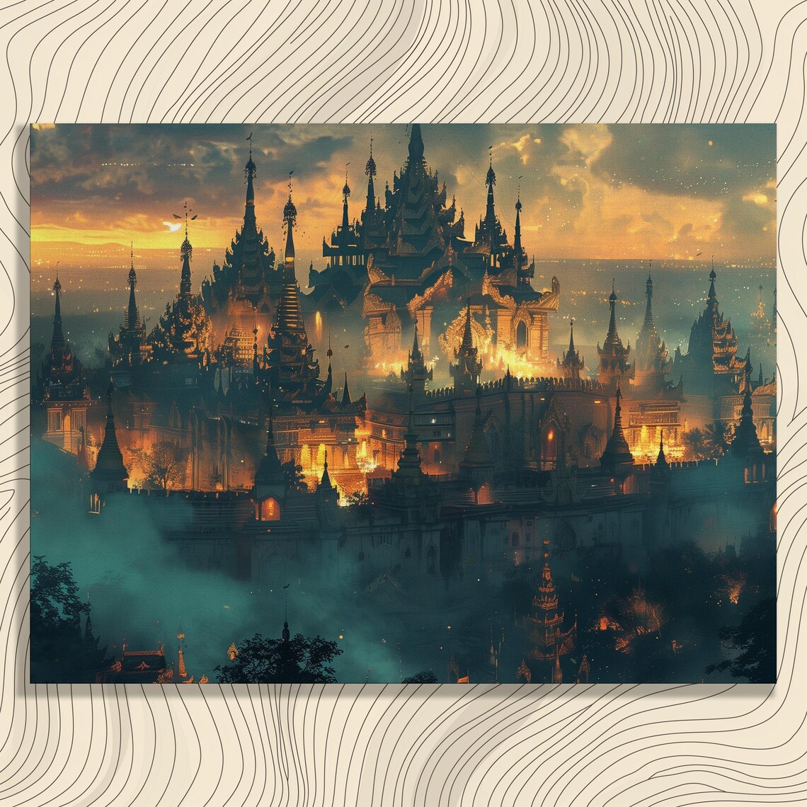 Burma Golden Temple Pagoda Sunset Misty Southeast Asia Art Print