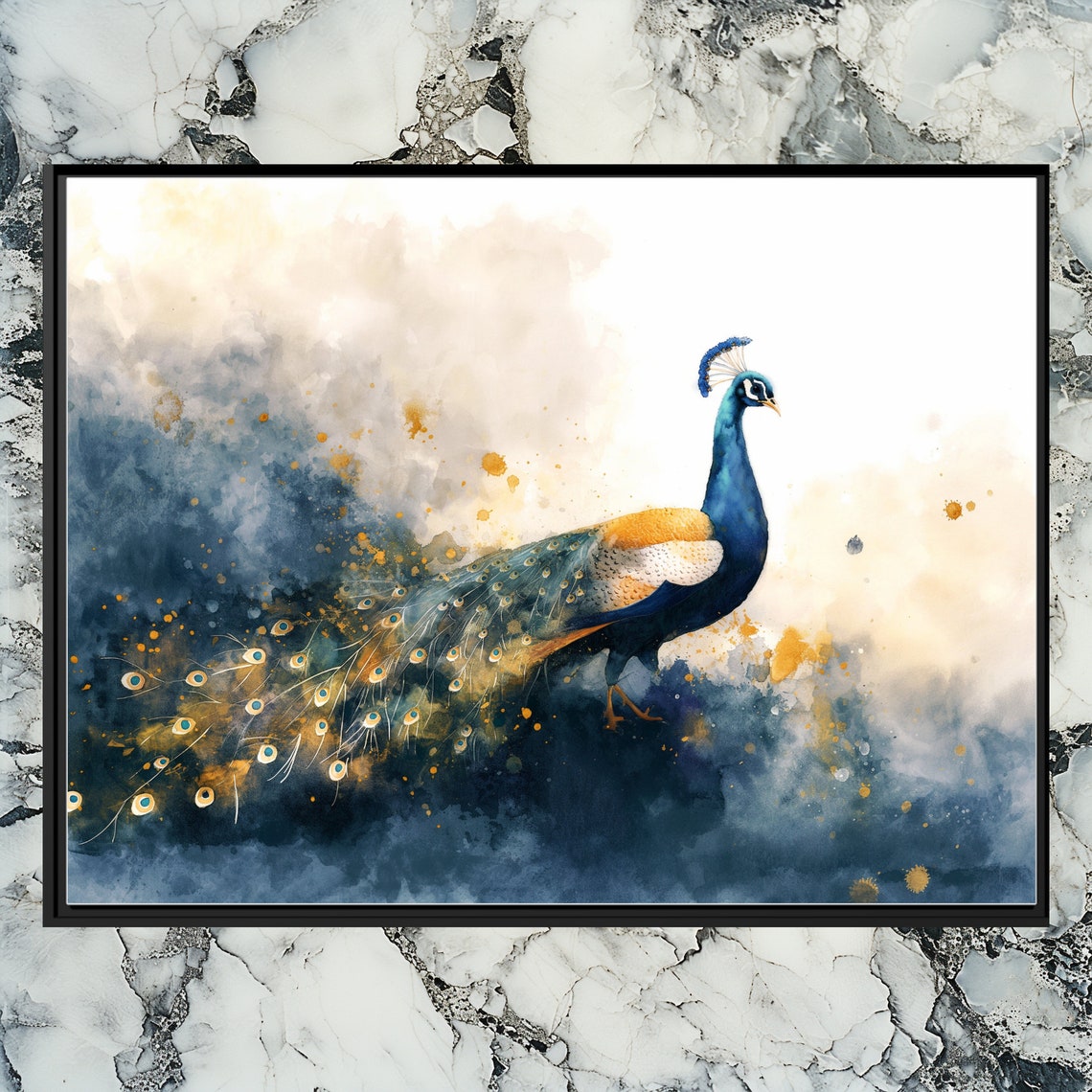 Majestic Peacock Watercolor Bird Art with Gold Splash Poster