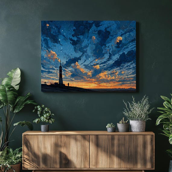 Lone Tower Sunset Starry Sky Dramatic Cloudscape Poster Artwork