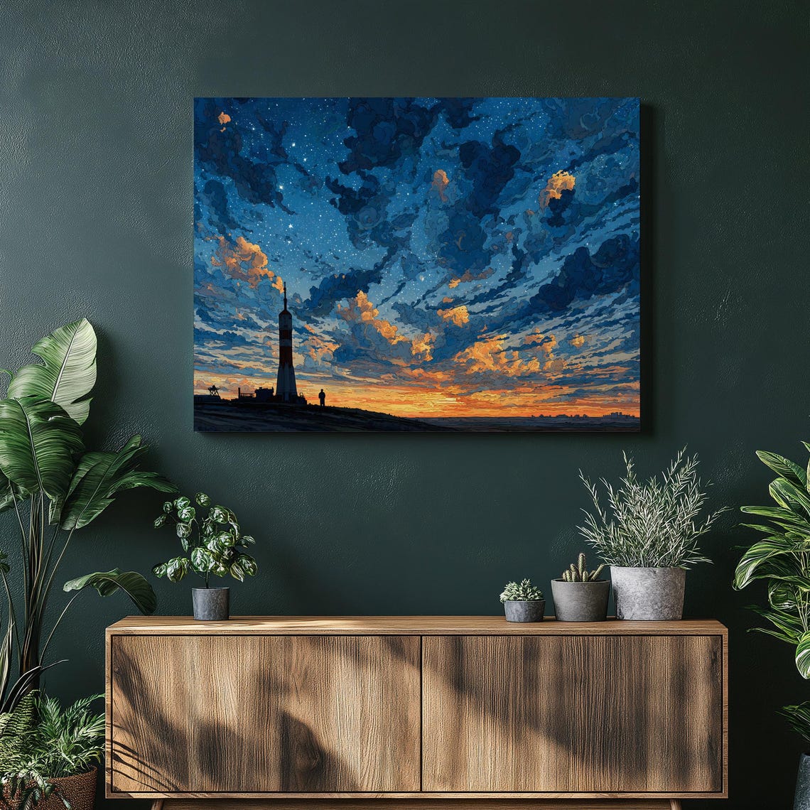 Lone Tower Sunset Starry Sky Dramatic Cloudscape Poster Artwork