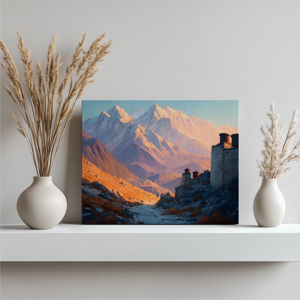Himalayan Mountain Sunrise Snow Peaks Stone Tower Landscape Poster