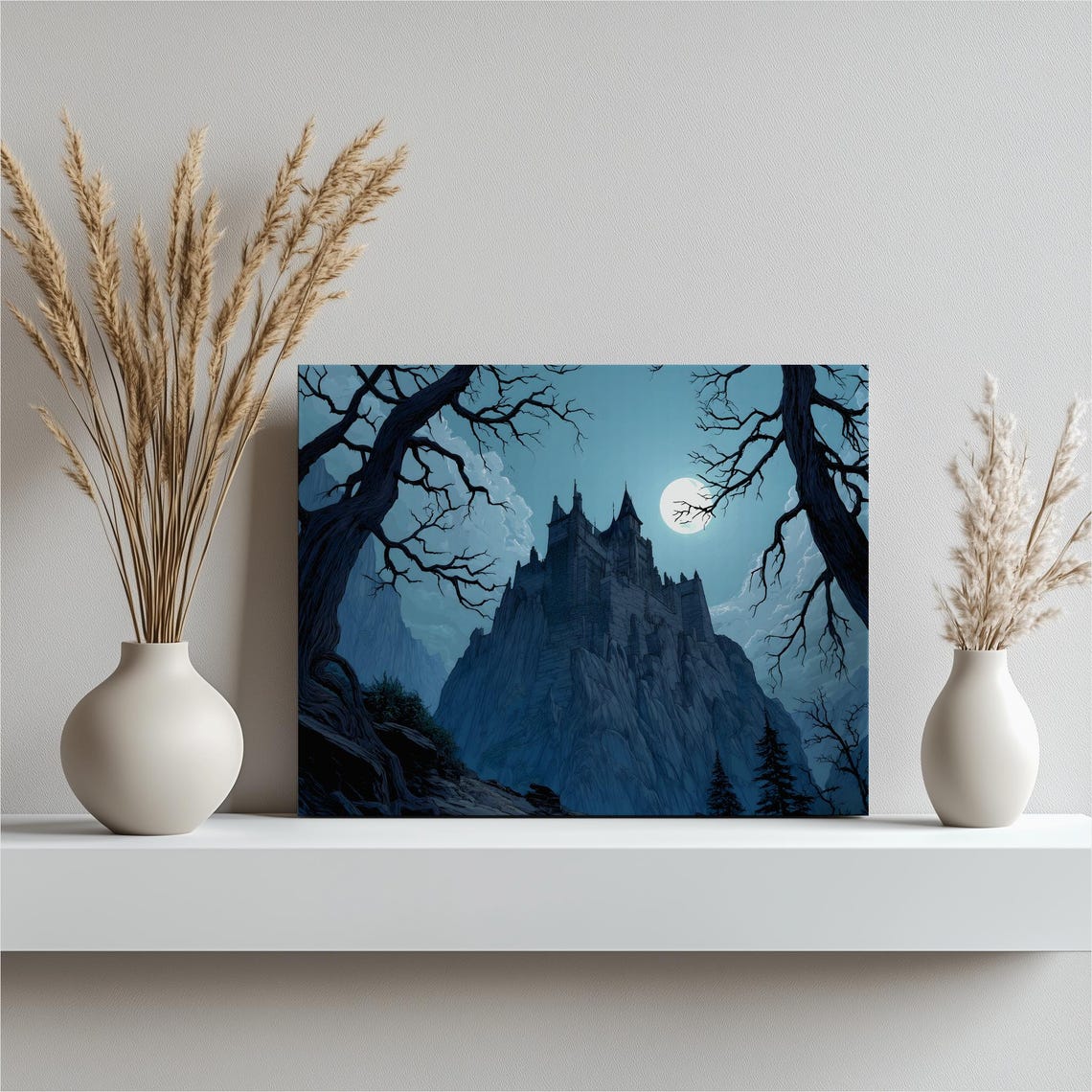 Gothic Castle Full Moon Mountain Cliff Dark Forest Night Art Poster