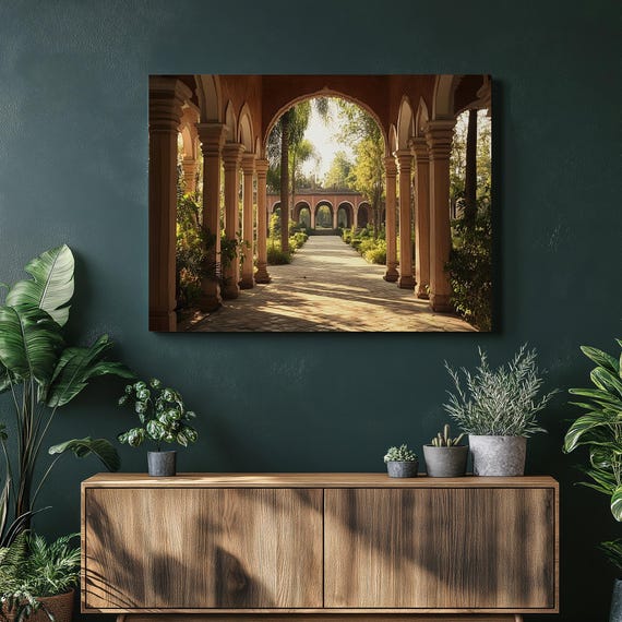 Sunlit Archway Courtyard Canvas Wall Art Neoclassical Columns Tropical Greenery Mediterranean Architecture Print Garden Pathway Palm Trees