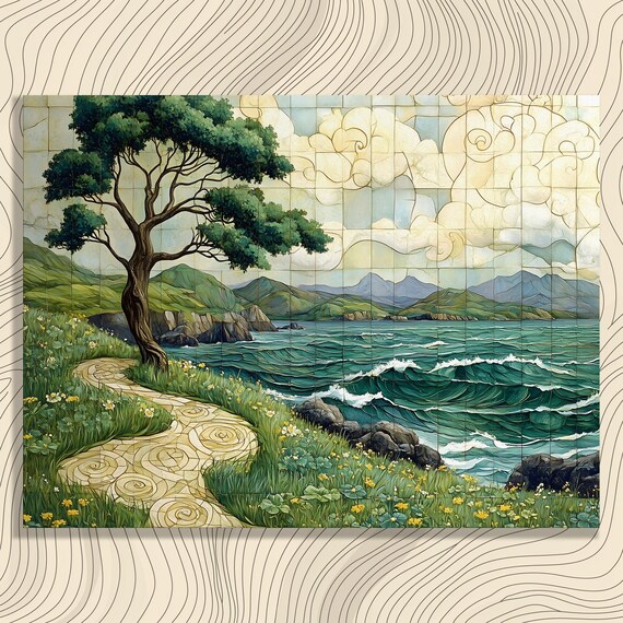 Coastal Ocean Waves Mosaic Stained Glass Tile Style Art Poster