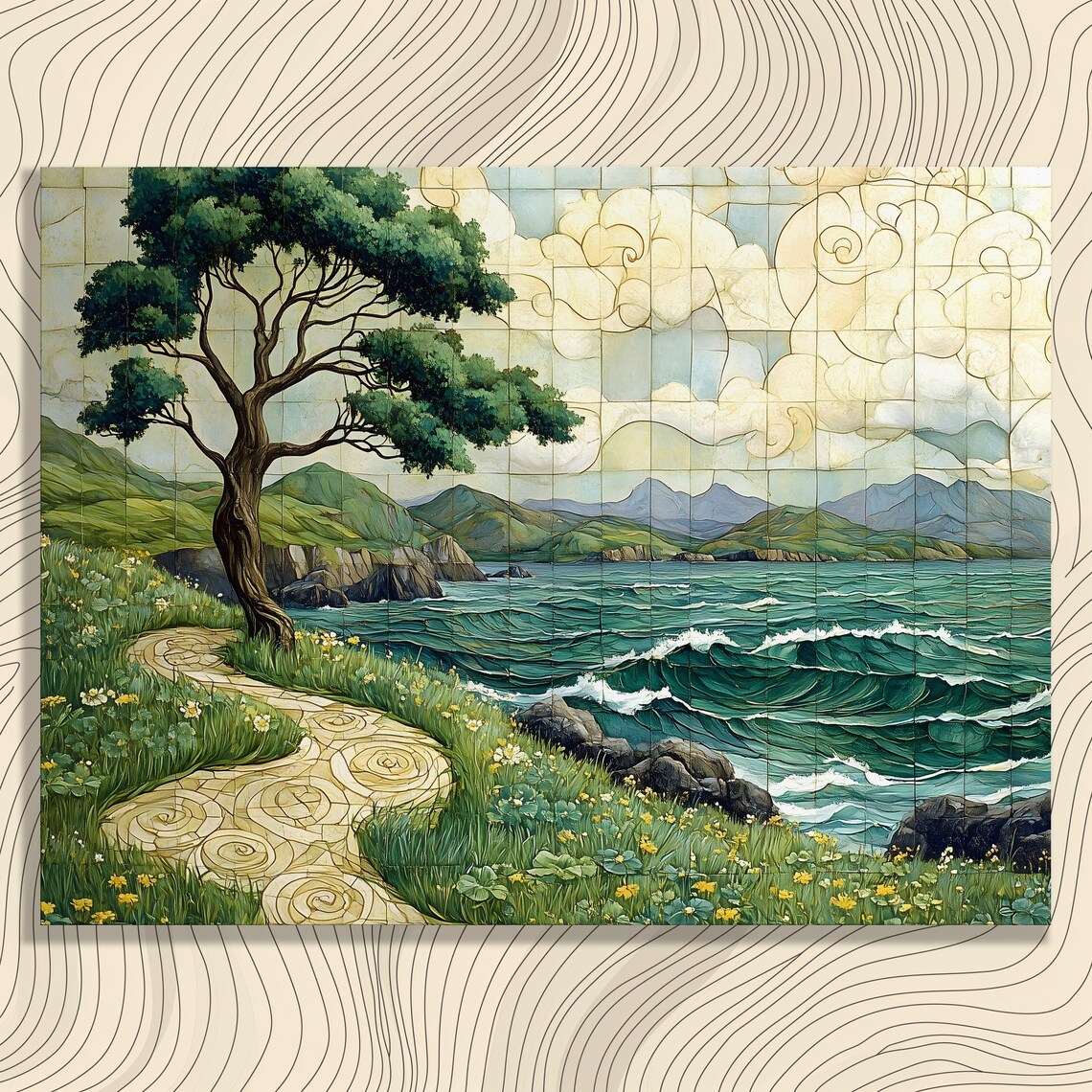 Coastal Ocean Waves Mosaic Stained Glass Tile Style Art Poster