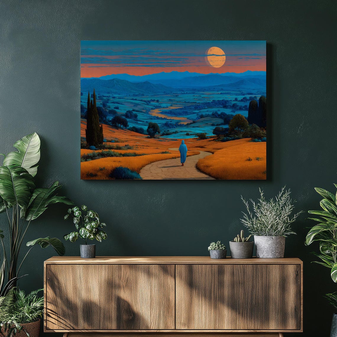 Surreal Moonlit Valley Lone Figure Blue Orange Dreamscape Poster