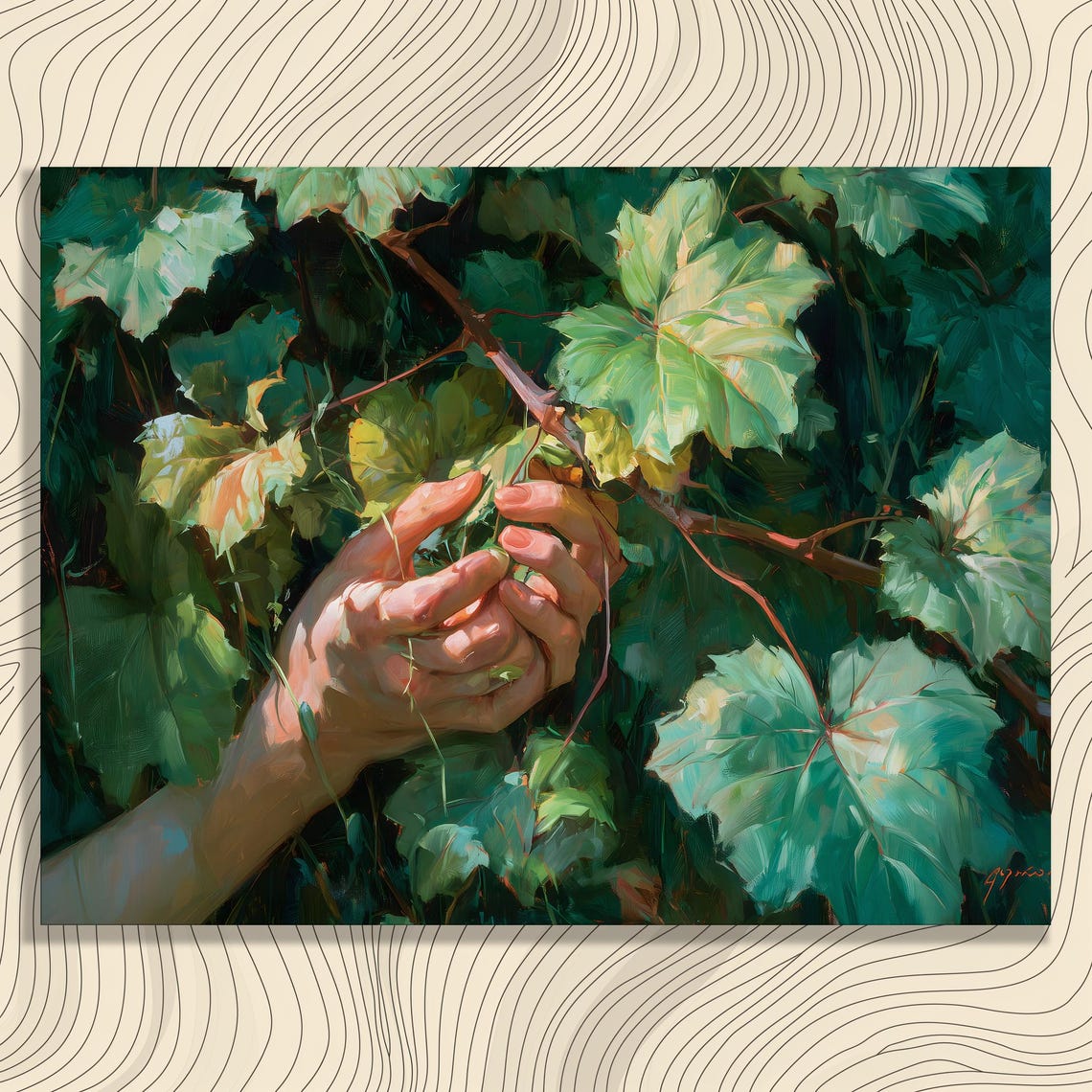 Botanical Vine Hands Canvas Wall Art Sunlit Greenery Leaves Impressionist Nature Print Grape Tendrils Painting Colorful
