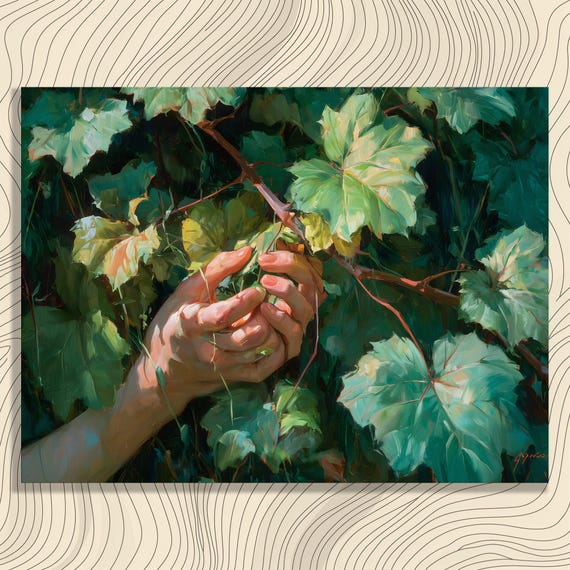 Botanical Vine Hands Canvas Wall Art Sunlit Greenery Leaves Impressionist Nature Print Grape Tendrils Painting Colorful