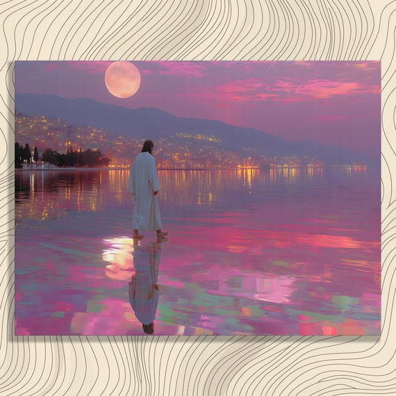 Moonlit Water Walk Canvas Wall Art Serene Full Moon Reflection Painting Over Tranquil Cityscape Night Scene In Pink Purple Decor