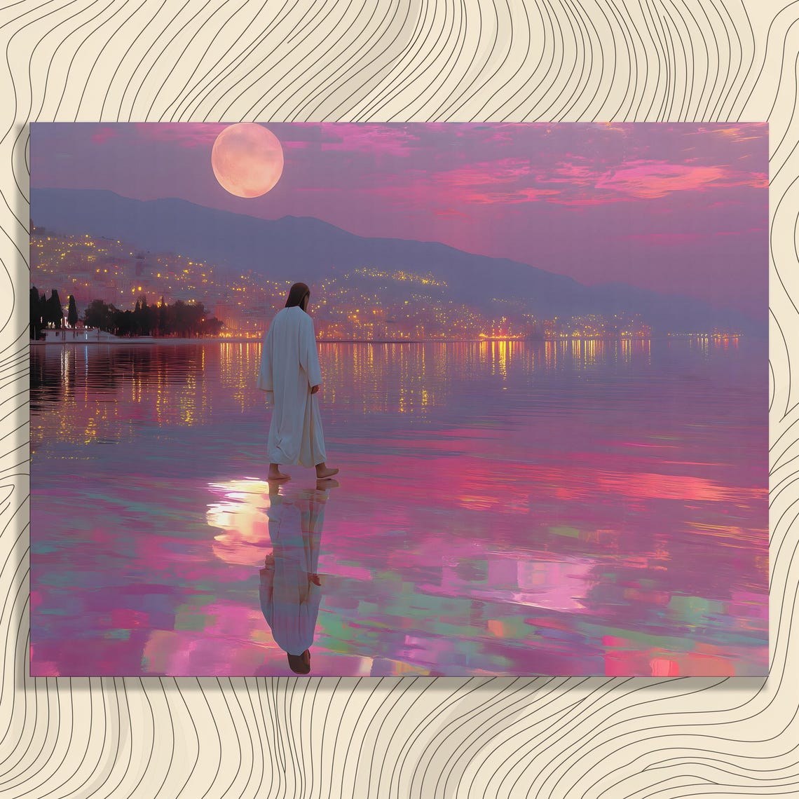 Jesus Walking On Water Painting Pink Moonlit Lake Night Sky Print
