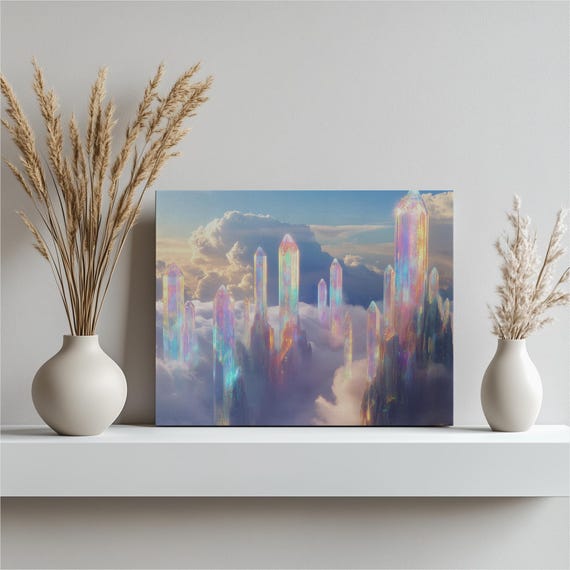 Surreal City Canvas Wall Art Ethereal Floating Above Clouds With Crystal Towers Magical Decor For Home And Office Contemporary Print
