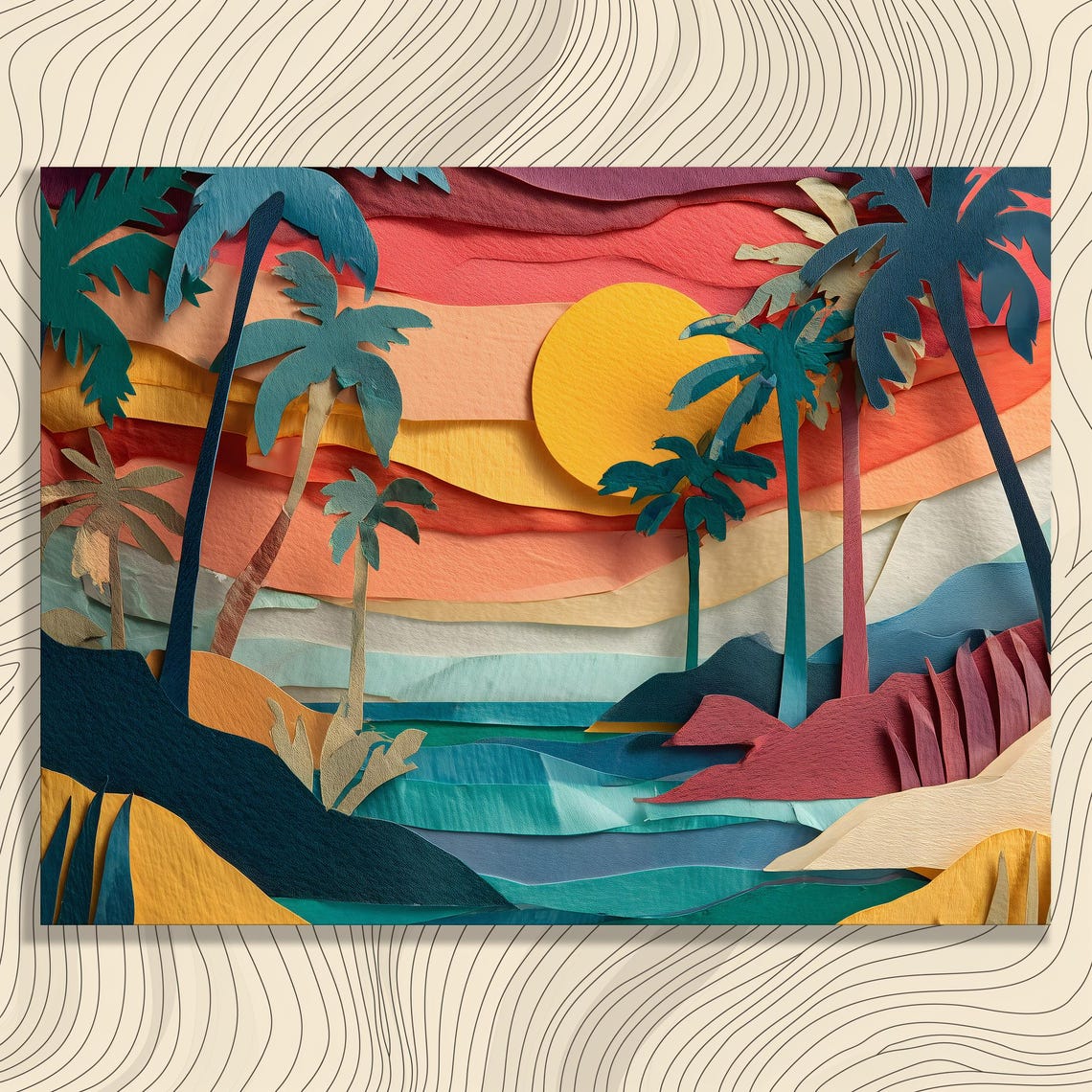 Tropical Sunset Layered Paper Cut Palm Trees Ocean Beach Poster