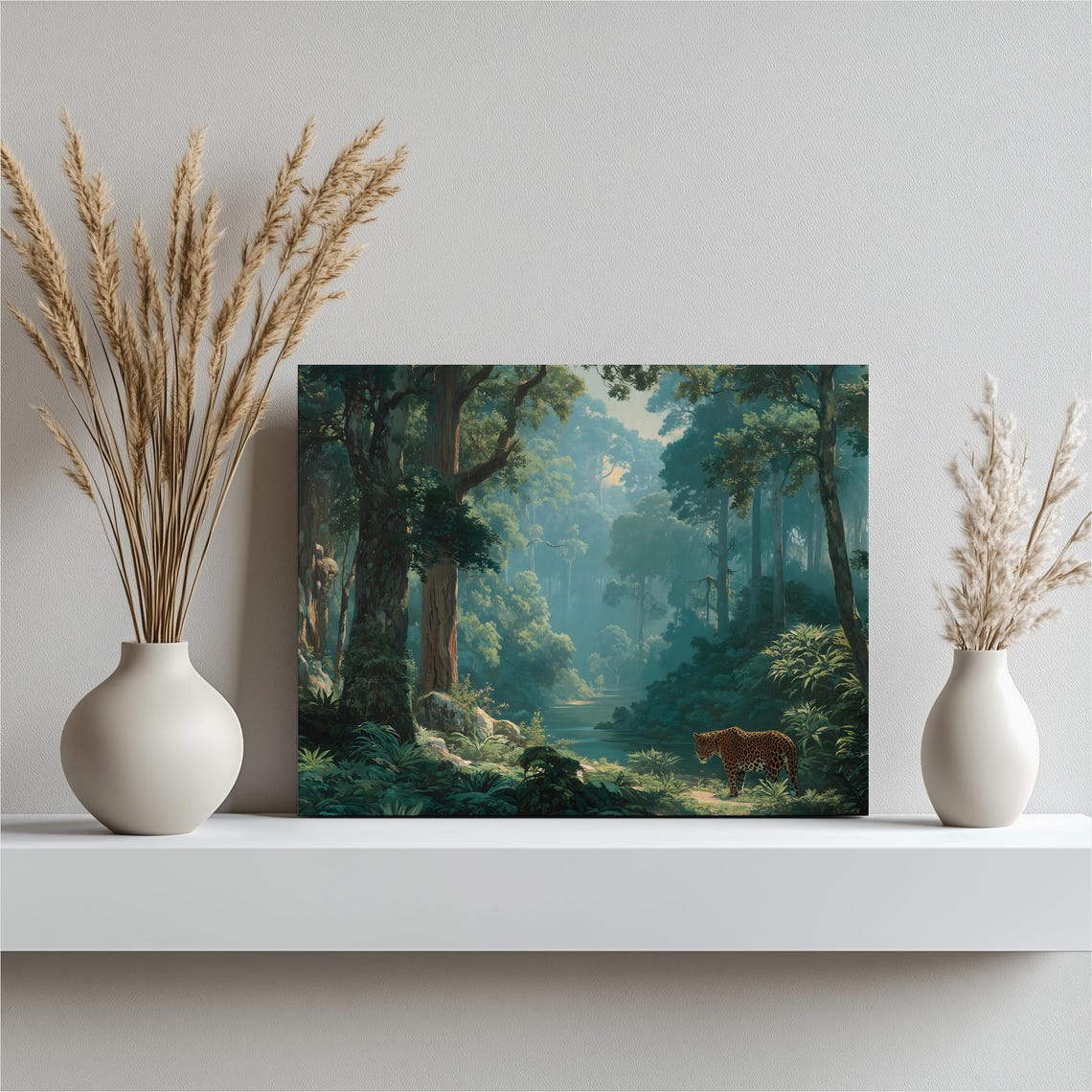 Leopard In Misty Rainforest Jungle Wildlife Canvas Art Poster