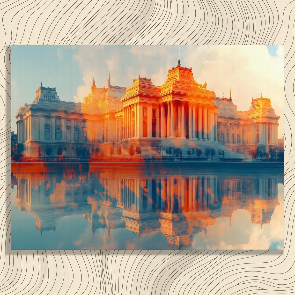 Neoclassical Palace Golden Hour Reflection Dreamy Architecture Poster