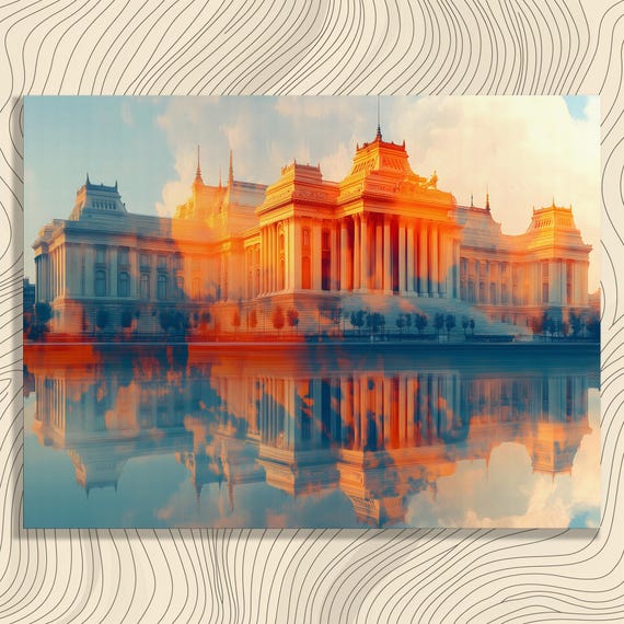 Neoclassical Architecture Canvas Wall Art Grand Building Reflection In Water With Sky Clouds And Warm Sunlight Majestic Symmetry