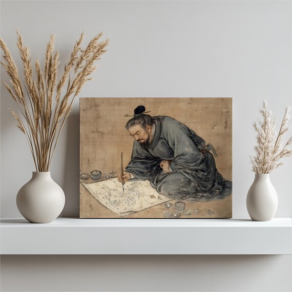 Ancient Map Scholar Canvas Wall Art Traditional Chinese Ink Brush Cartographer Print Vintage Cartography Decor Asian Gift