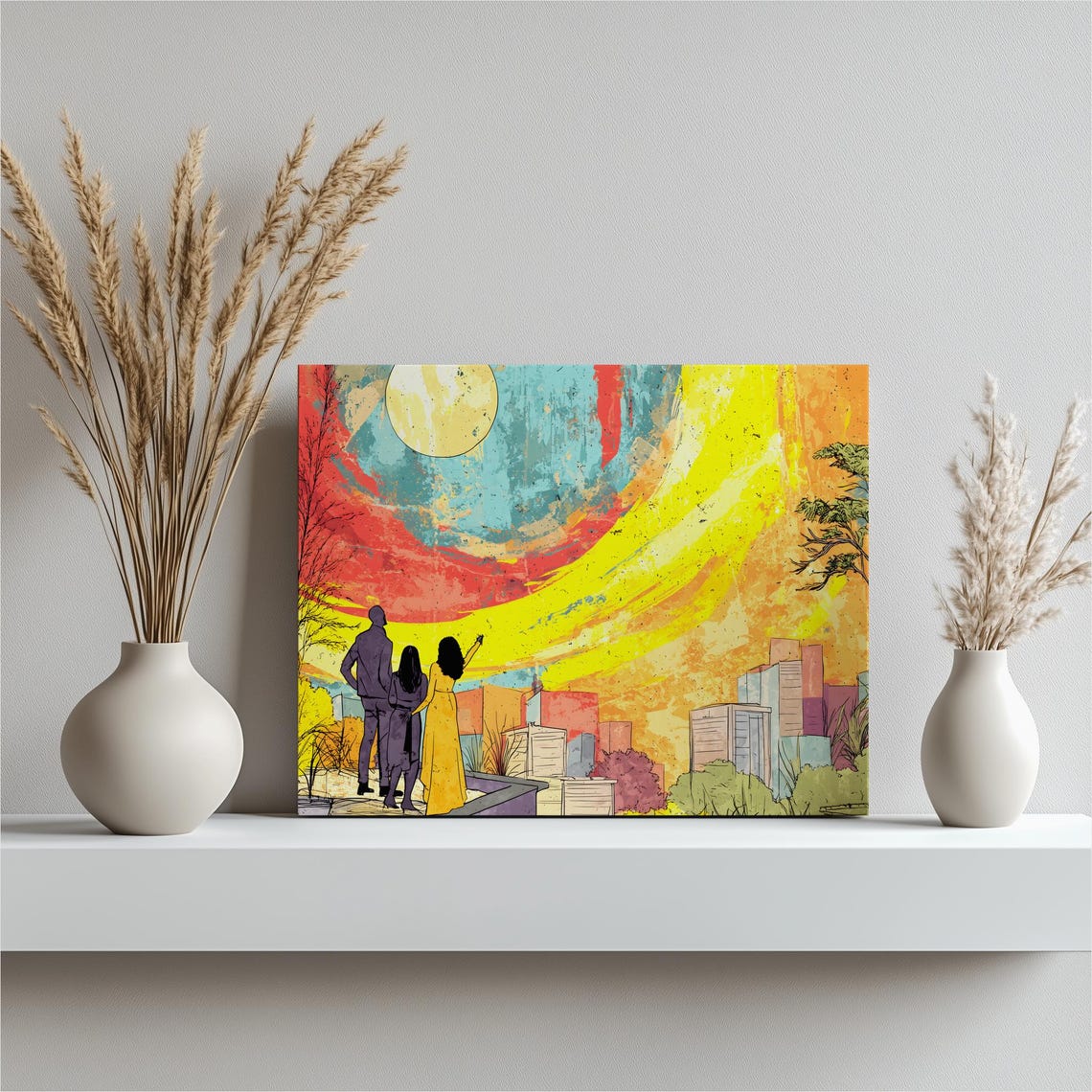 Family Stargazing Rooftop City Skyline Night Sky Colorful Canvas Print