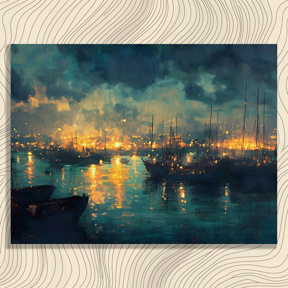 Harbor Night Glowing City Lights Sailboats Impressionist Seascape Poster