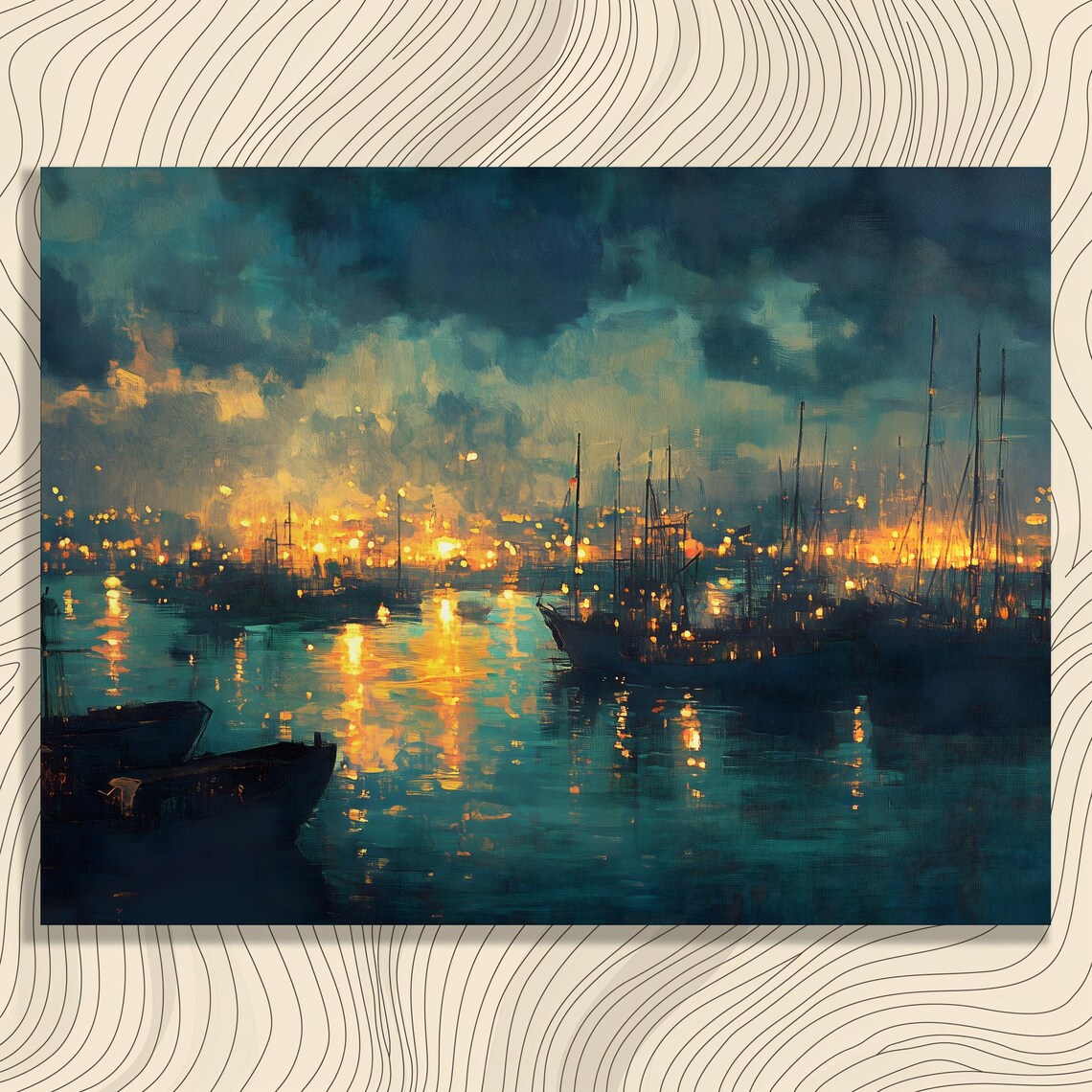 Harbor Night Glowing City Lights Sailboats Impressionist Seascape Poster