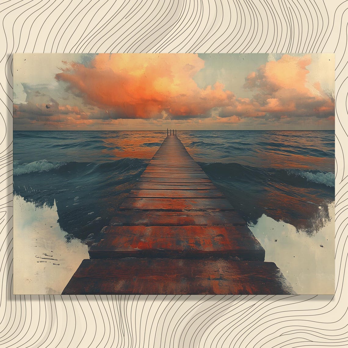 Weathered Wooden Pier Sunset Over Ocean Waves Scenic Art Poster