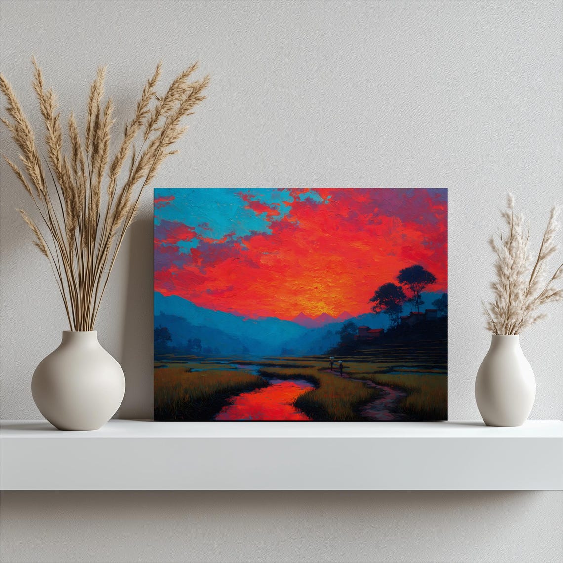 Rice Terrace Sunset Fiery Red Sky Paddy Field Painting Poster