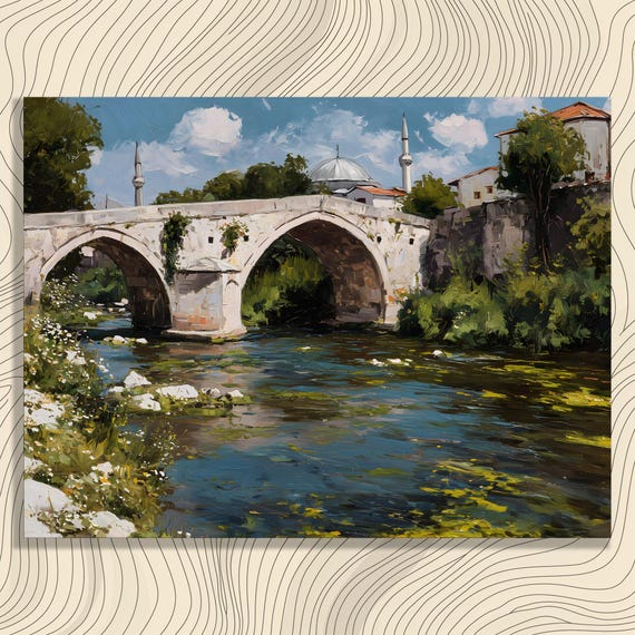 Stone Bridge Landscape Canvas Wall Art River Scene With Mosque Minaret Blue Sky Clouds Lush Greenery Traditional Impressionist Style