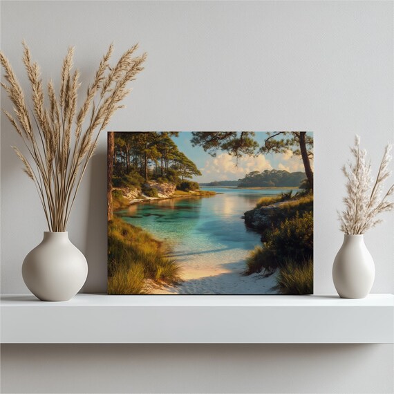Serene Pine Fringed Coastal Bay Turquoise Water Canvas Wall Art