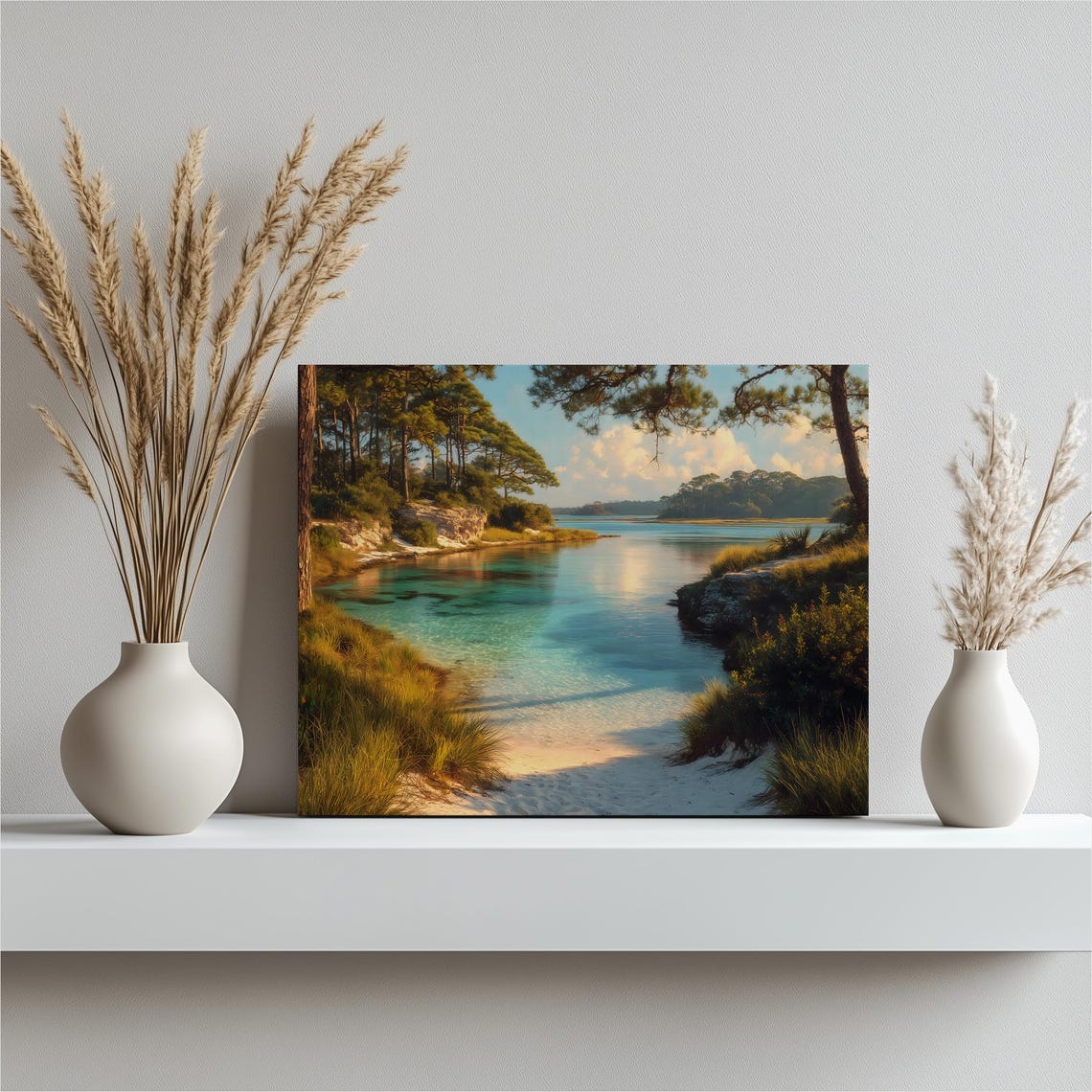 Serene Pine Fringed Coastal Bay Turquoise Water Canvas Wall Art