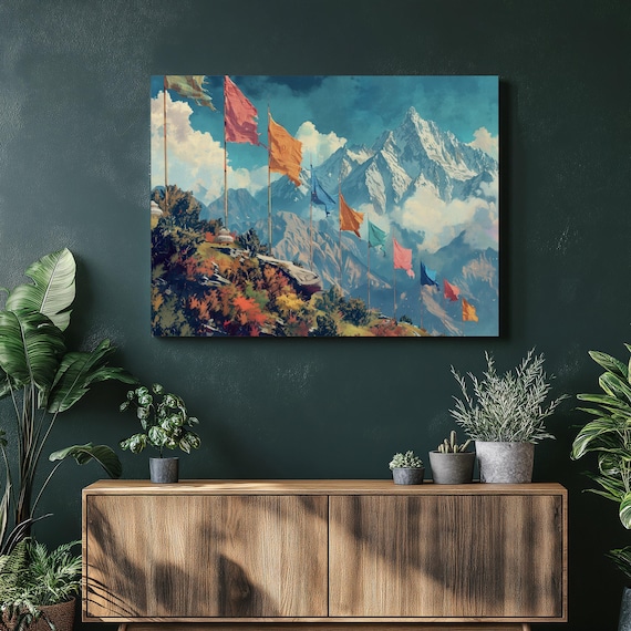 Himalayan Prayer Flags Snow Peaks Mountain Landscape Painting Poster