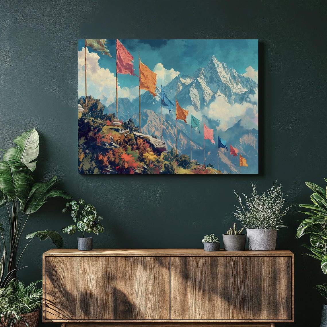 Himalayan Prayer Flags Snow Peaks Mountain Landscape Painting Poster