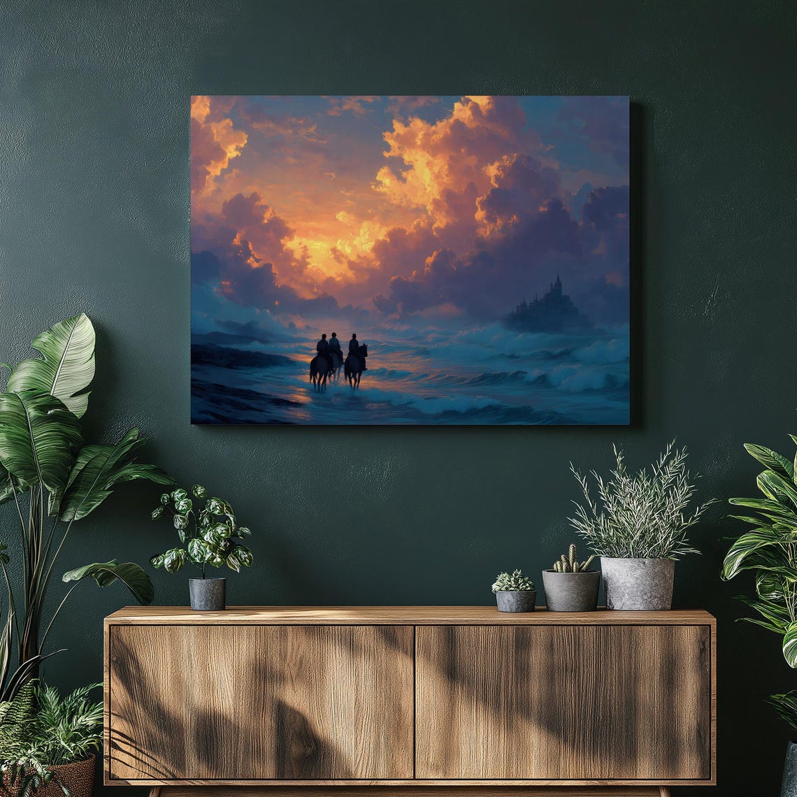 Horseback Riders Sunset Beach Castle Dramatic Clouds Seascape Poster