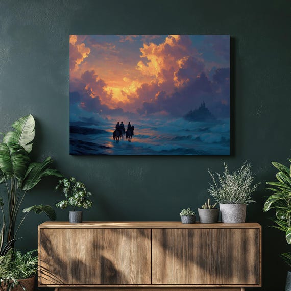 Sunset Castle Seascape Canvas Wall Art Serene Beach Riders Coastal Decor Print Ocean Waves Seashore Silhouette Horses Landscape