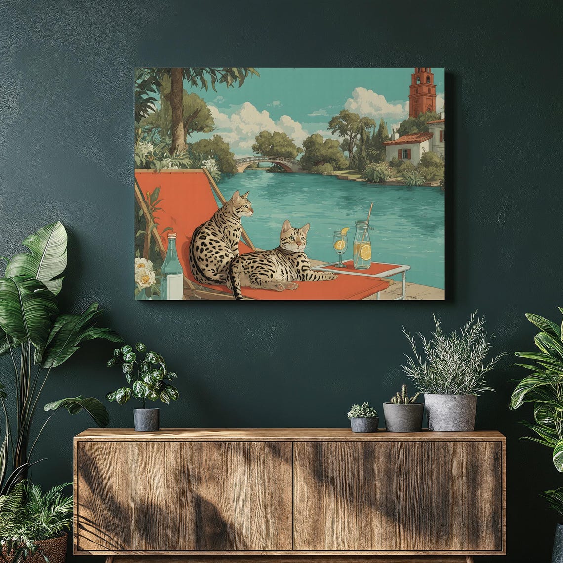 Two Spotted Cats Relaxing by a Coastal River With Lemonade Poster