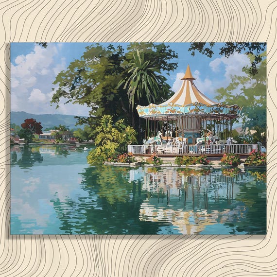 Colorful Carousel Lake Canvas Wall Art Lakeside Water Reflection Tropical Scenery Print Painting Decor Gift