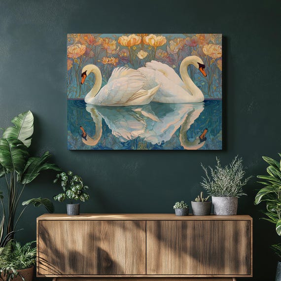 Swan Pair Reflection Canvas Wall Art Floral Lake Scene With Elegant Swans Nature Inspired Bird Illustration Colorful Poppy Flowers Print