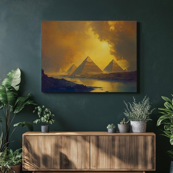 Dramatic Giza Pyramids Golden Sunset Egypt Landscape Painting Poster