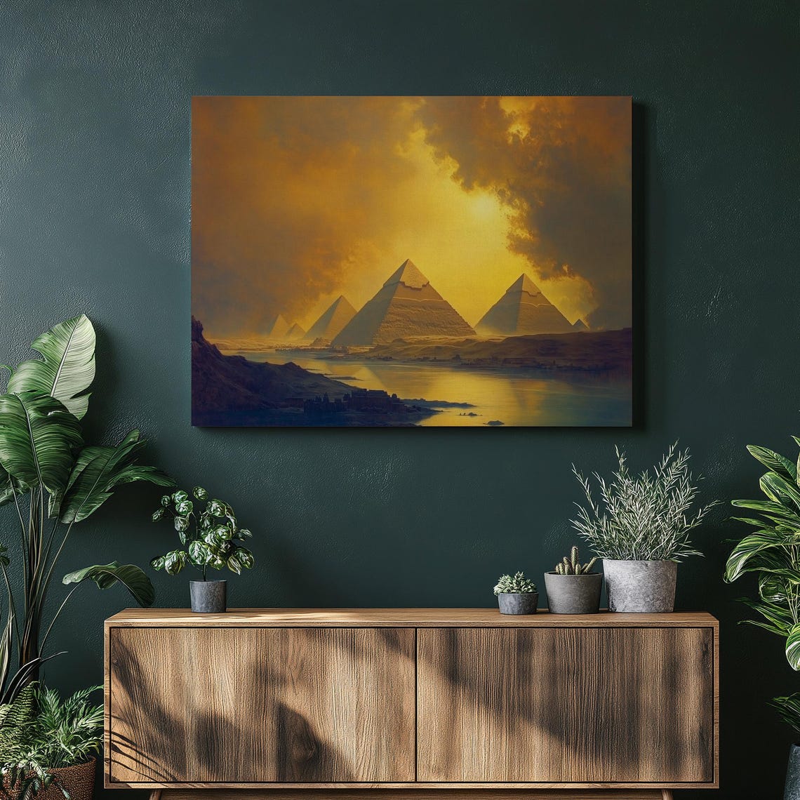 Dramatic Giza Pyramids Golden Sunset Egypt Landscape Painting Poster
