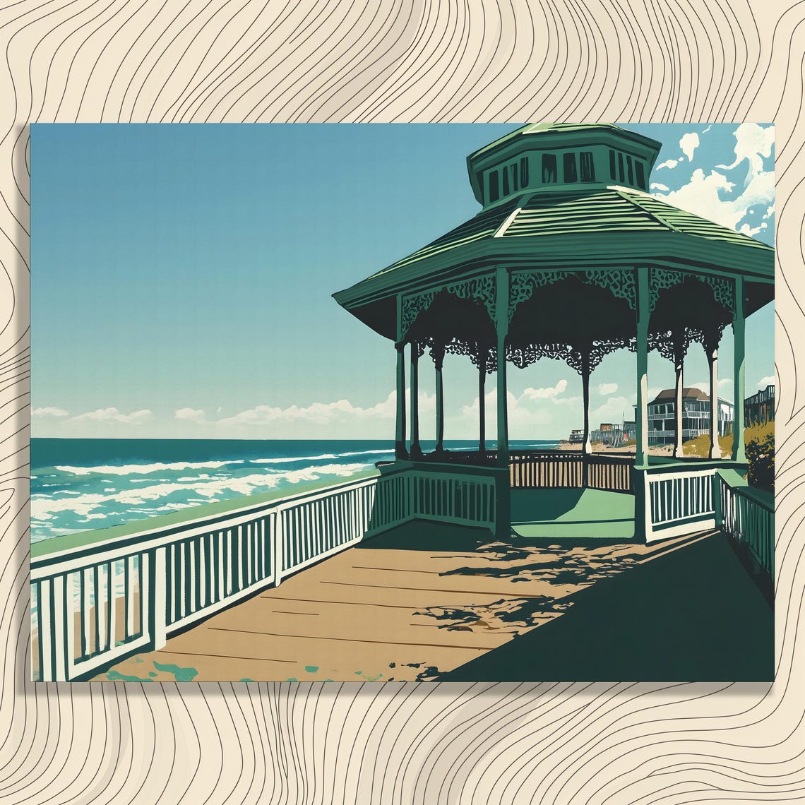Coastal Gazebo Boardwalk Ocean Waves Vintage Travel Art Poster