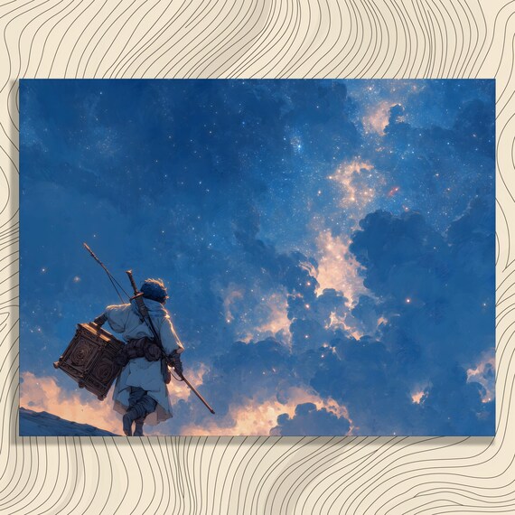 Mystical Traveler Canvas Wall Art Star Gazing Sky And Starry Night Clouds Painting Surreal Adventure Modern Journey Print