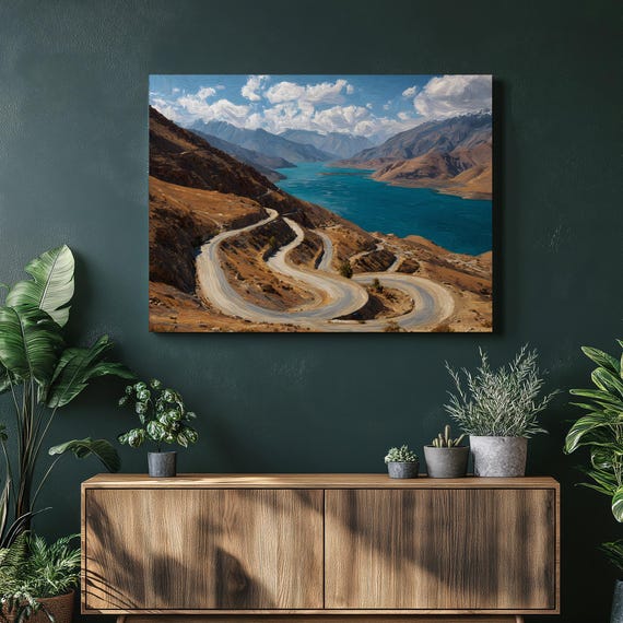 Breathtaking Mountain Canvas Wall Art Rugged Landscape Oil Painting Print Featuring Winding Road By Blue Lake Nature Scene Decor Gift