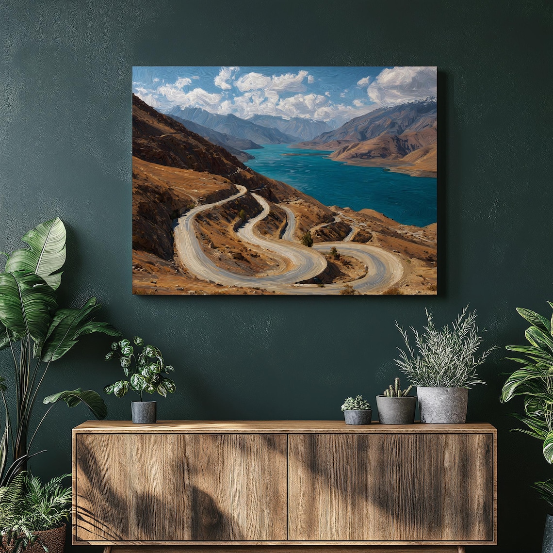 Winding Mountain Road Turquoise Lake Rugged Peaks Oil Painting Poster