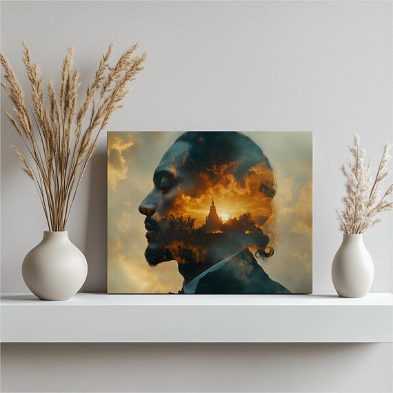 Double Exposure Portrait Canvas Wall Art Serene Profile Silhouette With Sunset Clouds Temple Landscape Modern Spiritual Decor Large Print