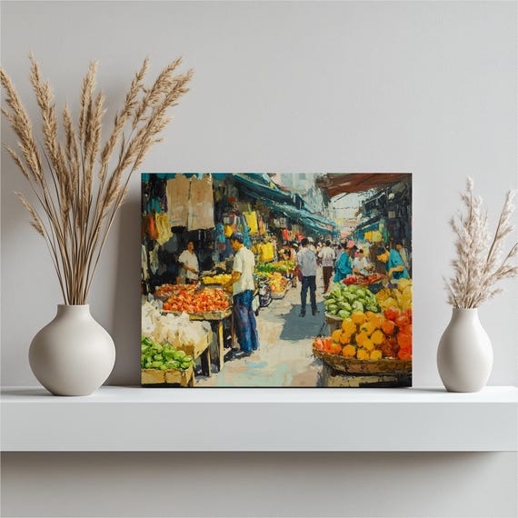 Colorful Street Market Canvas Wall Art Impressionist Fresh Produce Fruit Stand Painting Vegetable Kitchen Decor Vibrant Vendor Scene