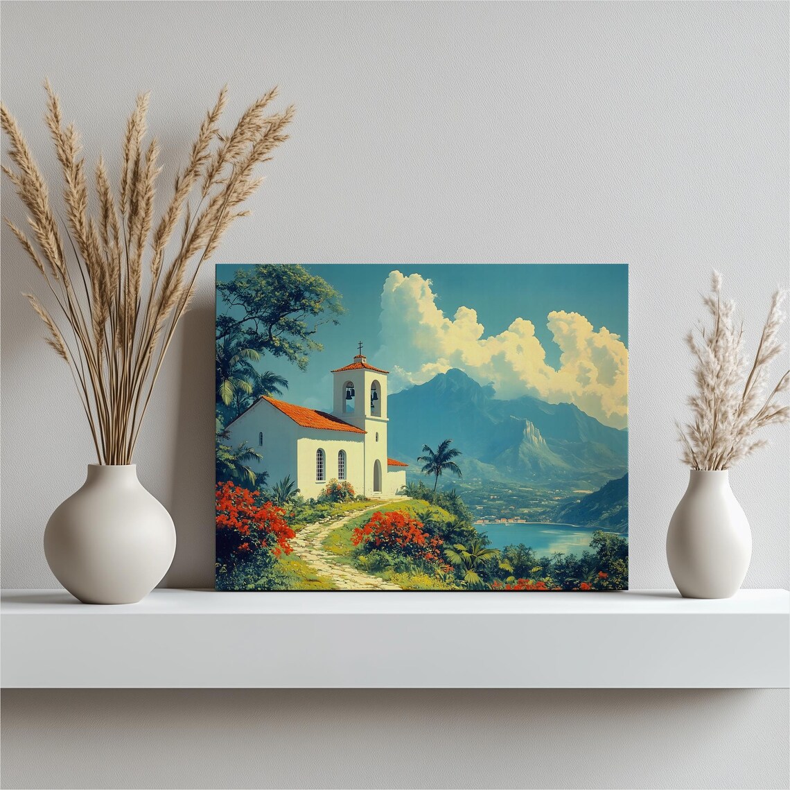 Tropical Coastal Church White Chapel Bay Mountain Landscape Poster