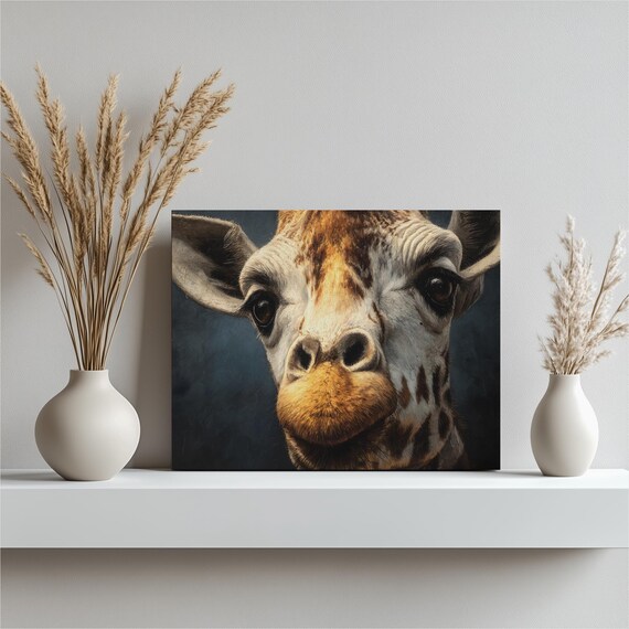 Giraffe Portrait Canvas Wall Art Modern Wildlife Painting Photoreal Animal Close Up Blue Background Contemporary Decor Premium Print